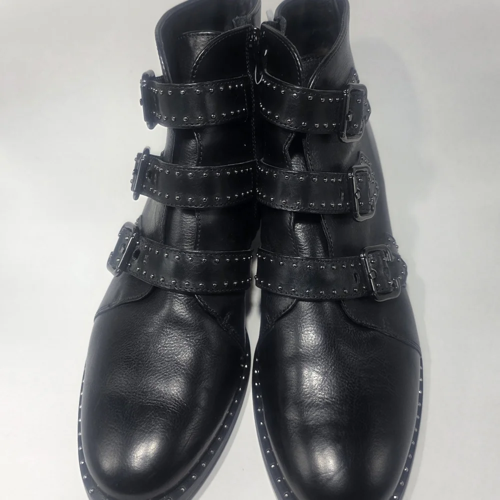 Paul Green Women’s Black Leather Studded Buckle Ankle Boots Size 5 Block Heel